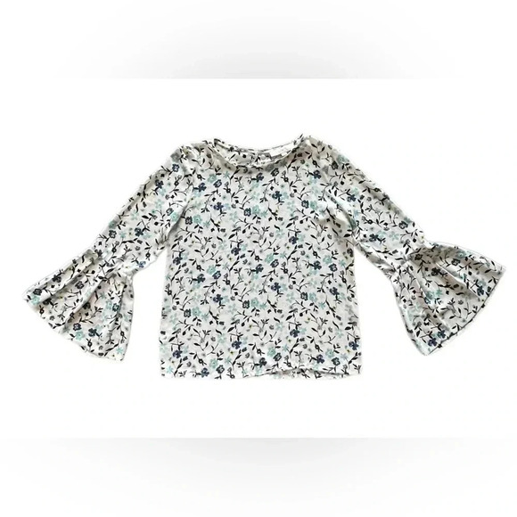 LOFT Ann Taylor White Blue Floral Long Bell Sleeve Keyhole Blouse Women’s Small - Picture 1 of 9